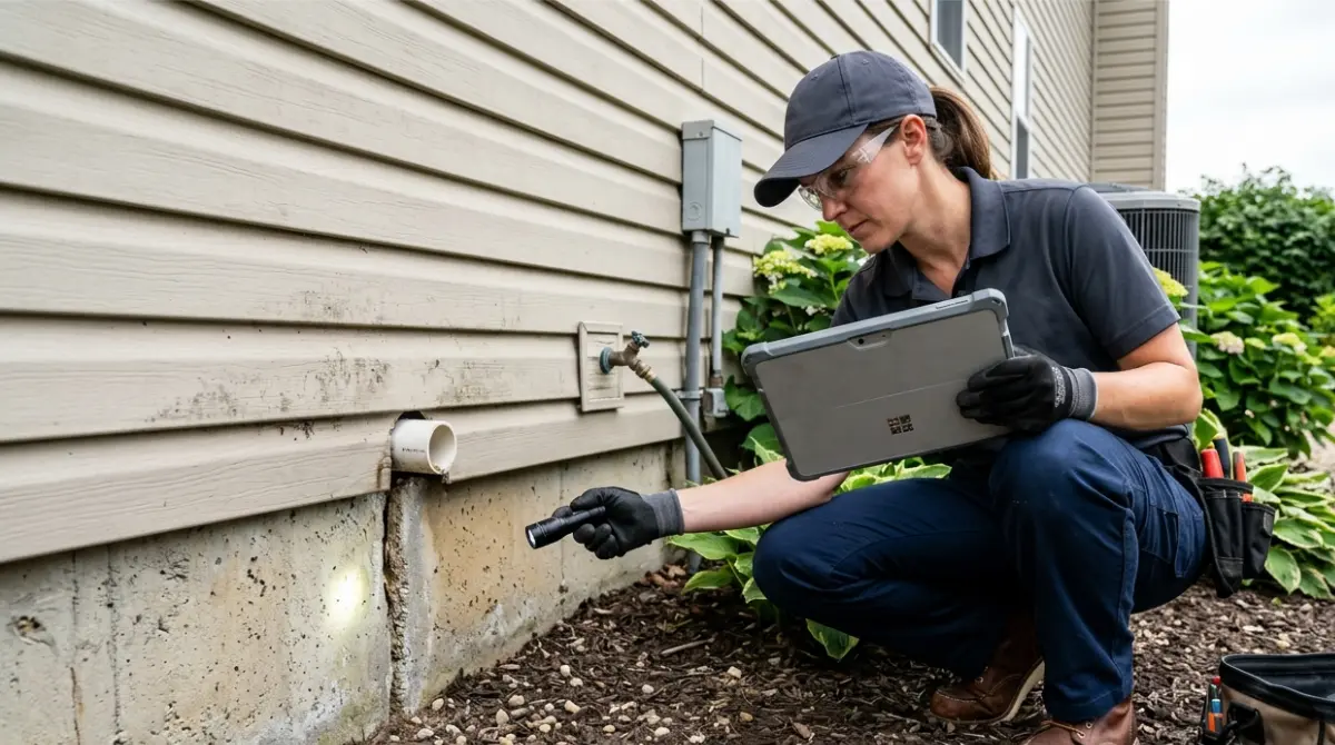 Rodent Exterminator inspecting a home foundation for rodent entry points