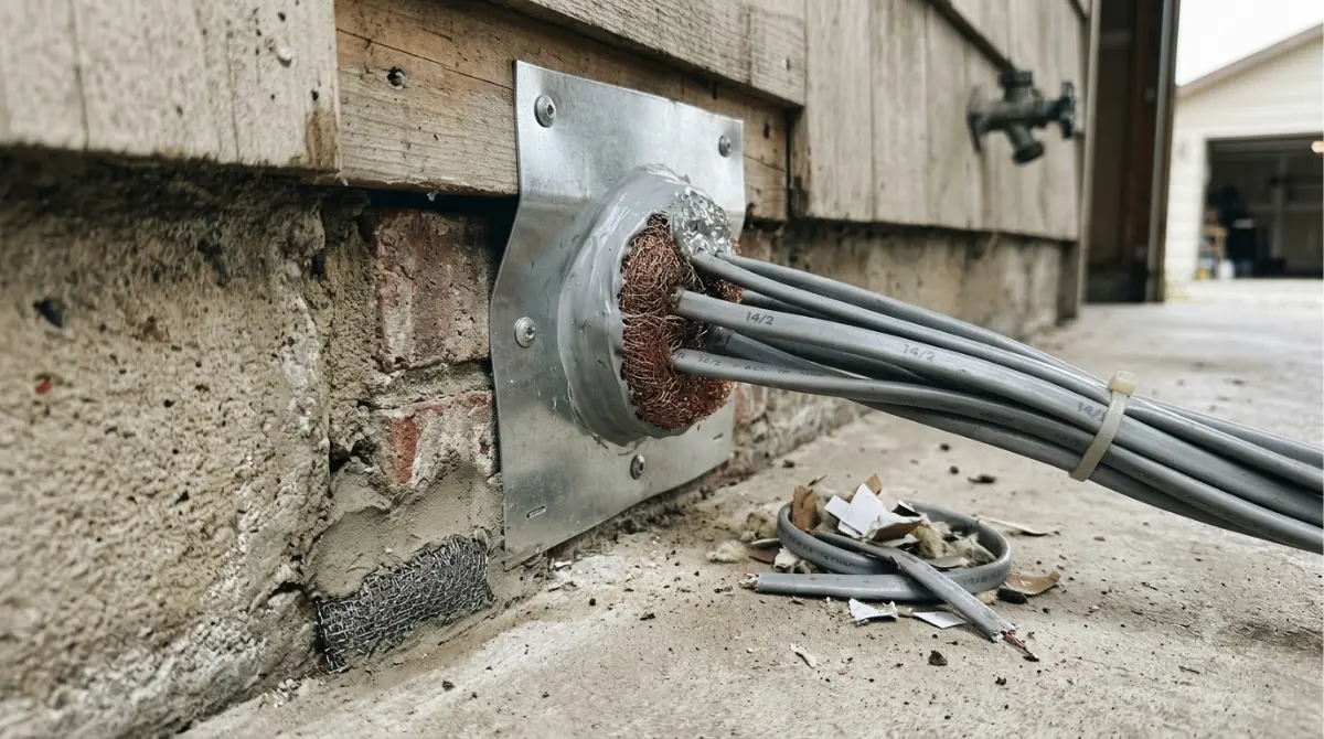 Rodent-resistant sealing around electrical cable penetration to prevent mice from entering a home