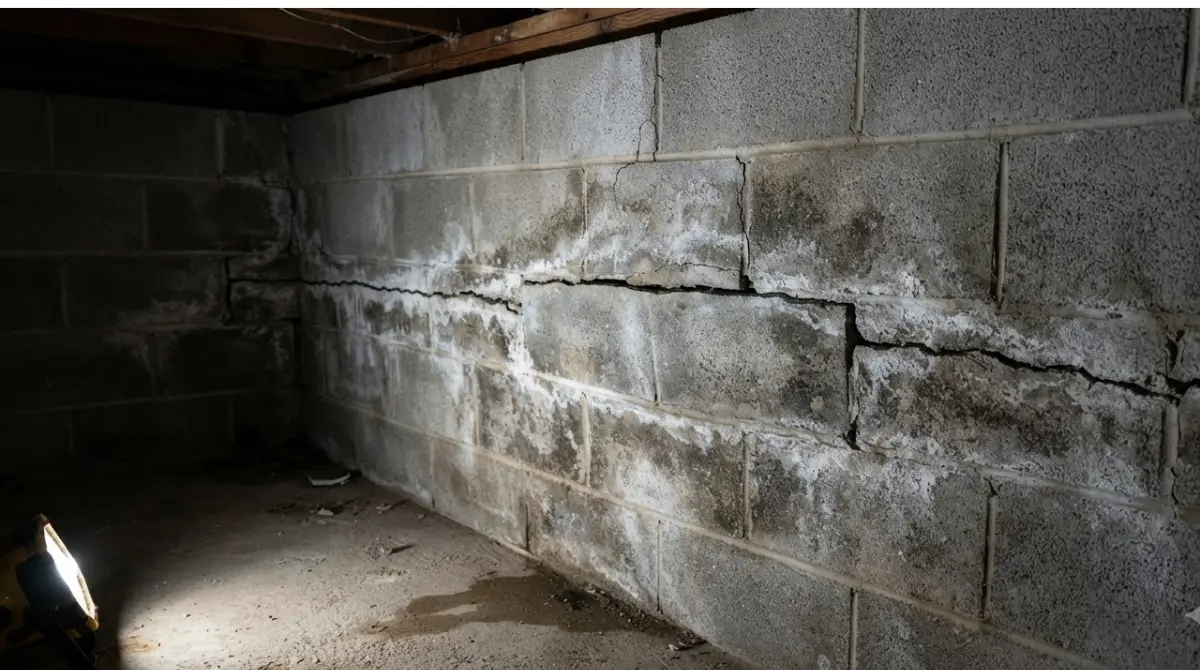 Horizontal basement wall crack with bowing, a common warning sign of foundation problems