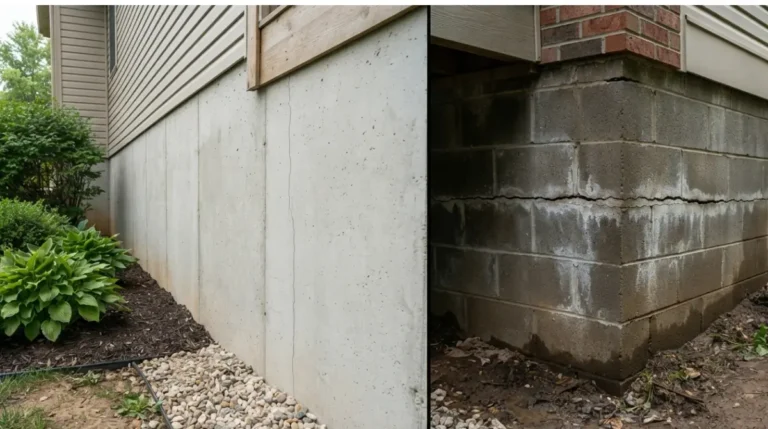Split view of normal settling crack versus serious foundation problems with horizontal basement wall crack