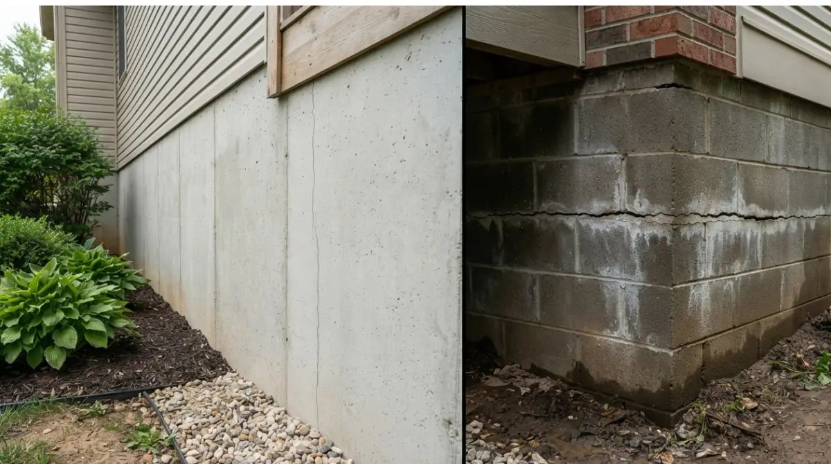 Split view of normal settling crack versus serious foundation problems with horizontal basement wall crack