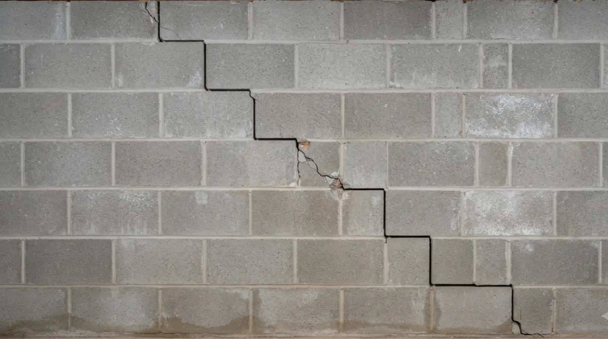 Stair-step foundation cracks following mortar joints in concrete block basement wall showing zigzag pattern from settlement or wall pressure