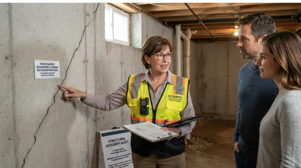Licensed structural engineer inspecting a basement foundation crack with a tablet and laser level as part of a Foundation Repair evaluation