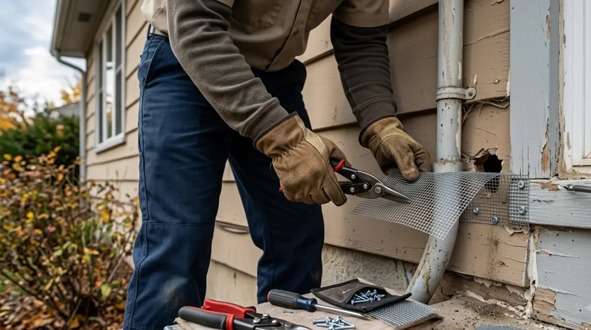 Rodent exclusion contractor sealing a home entry point with metal — Amazon Findings
