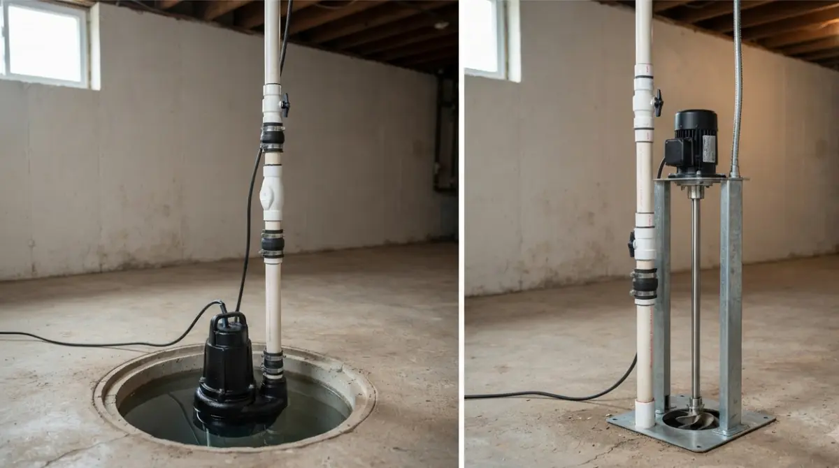 Sump Pump comparison showing a submersible unit in a basin and a pedestal unit above it