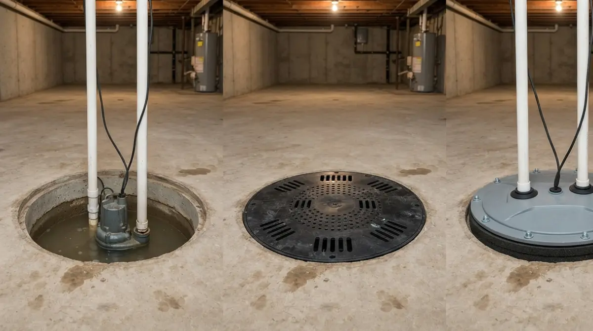“Comparison of open, perforated, and sealed gasketed sump Pump lids showing which allow radon entry around the Pump”