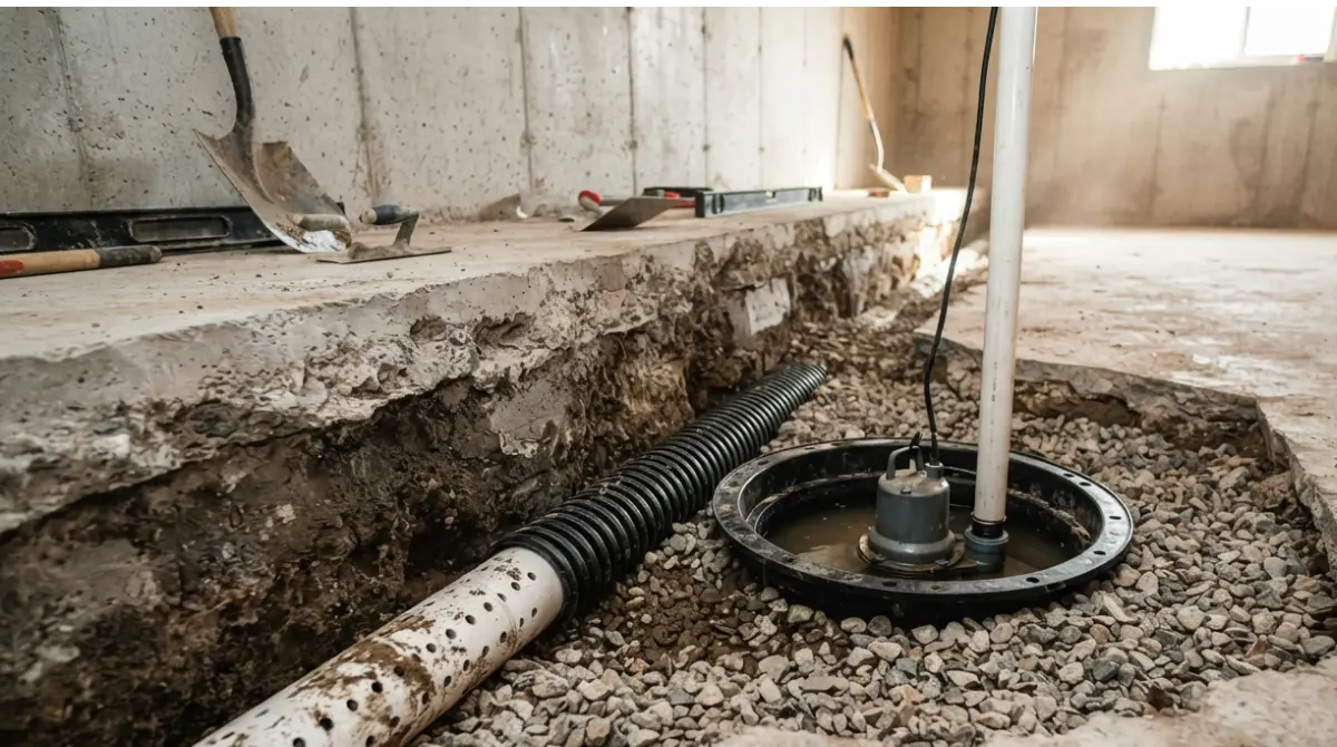 “Exposed sump Pump pit and perforated drain tile under a basement slab showing how radon-laden soil gas can travel to the Pump”