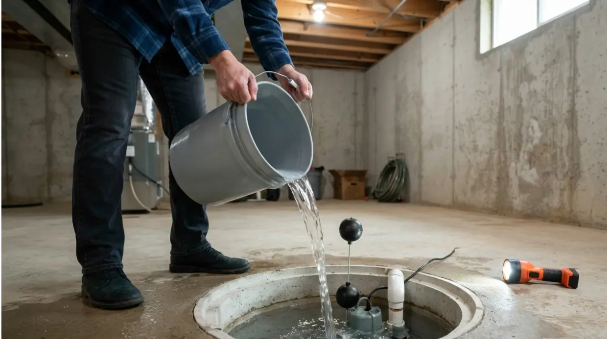 Homeowner performing sump pump test during routine Basement Maintenance checklist inspection in basement