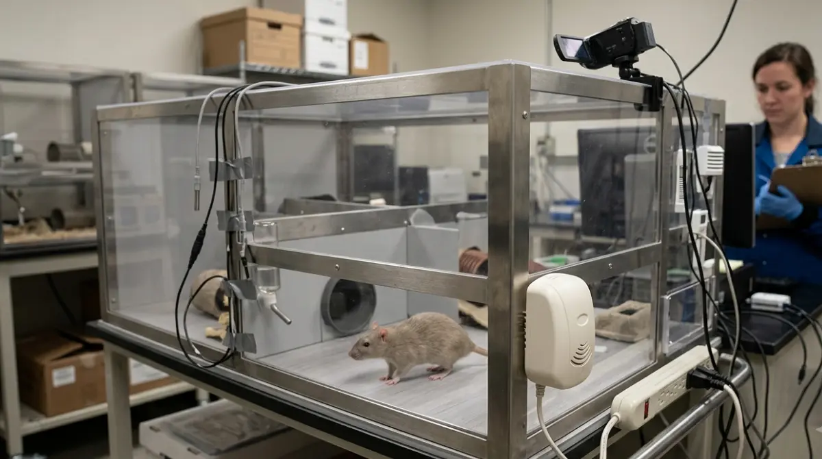 Pest Repellers being evaluated in a controlled rodent behavior testing enclosure.