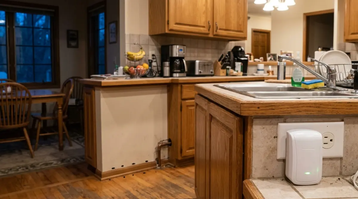 Pest Repellers plugged into a kitchen outlet with mouse droppings nearby.