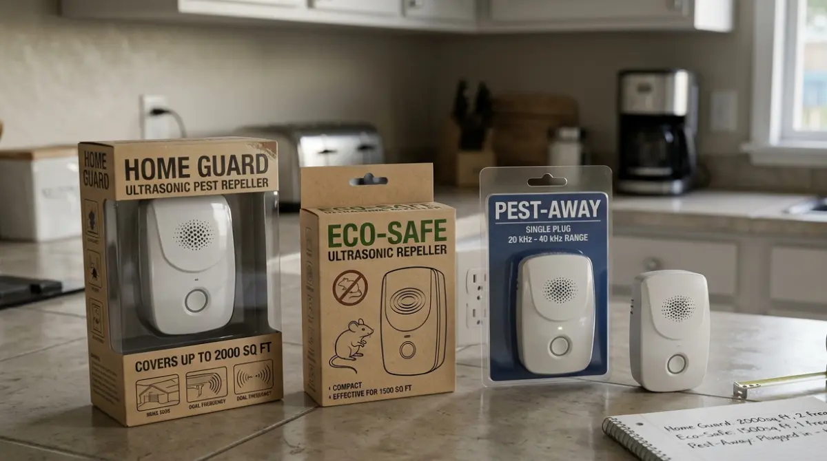 Pest Repellers and their packaging showing coverage and frequency claims on a kitchen counter.