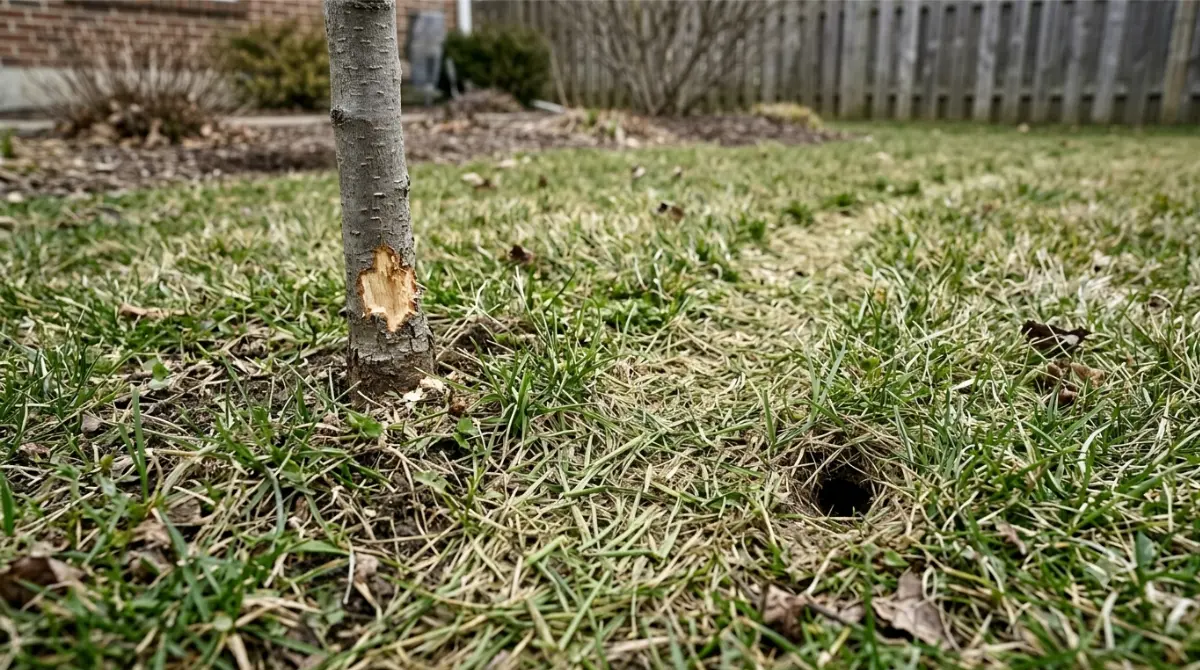 vole vs mole damage comparison showing a vole runway, open hole and gnawed tree bark