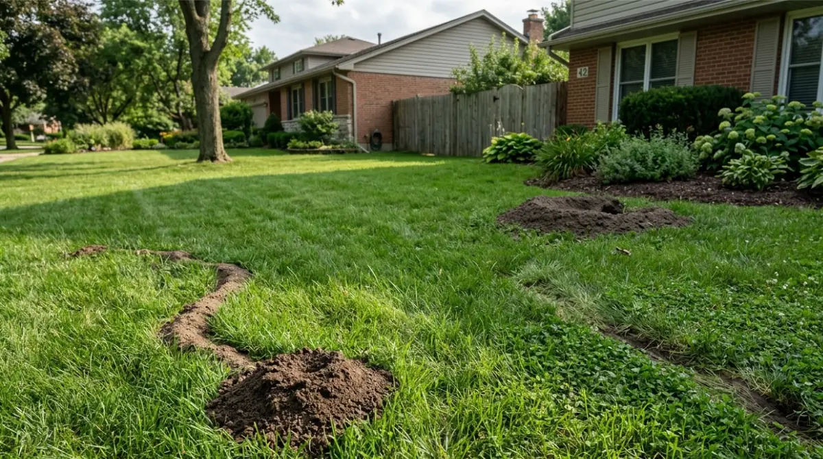 vole vs mole damage comparison with pocket gopher mound patterns in a residential lawn