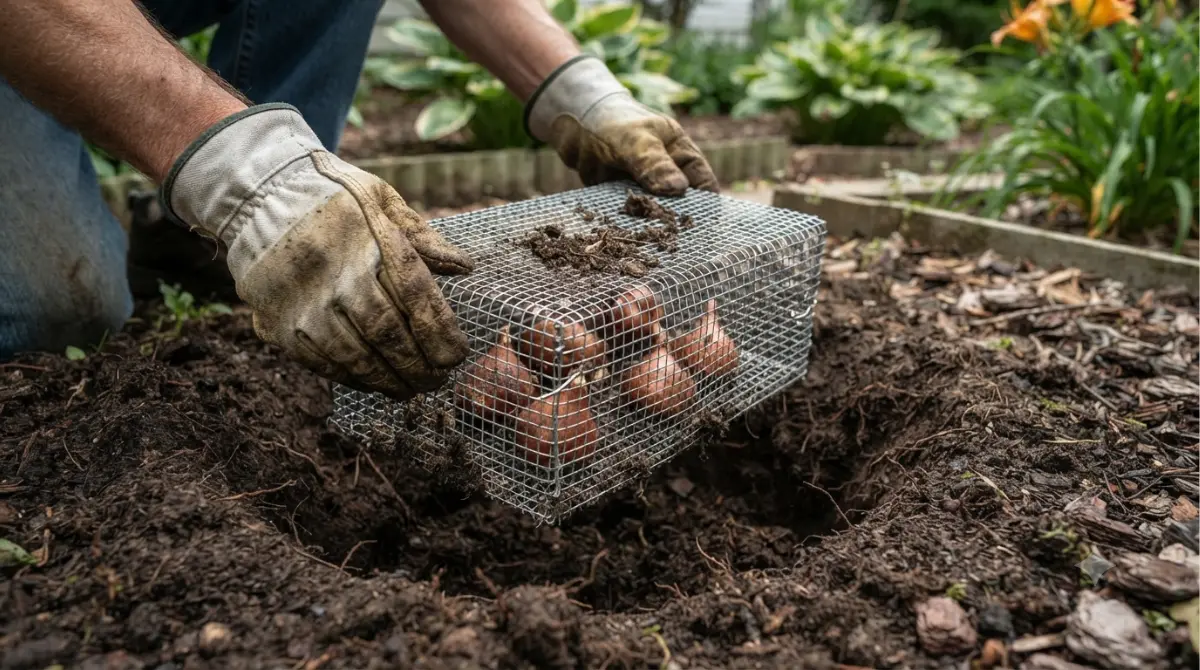 Voles Eating tulip bulbs prevented with a galvanized hardware cloth bulb cage