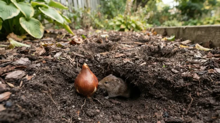 Voles Eating tulip bulbs underground in a backyard garden bed