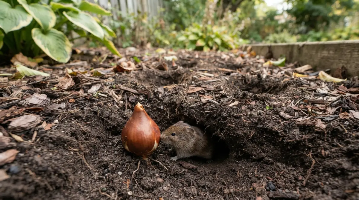 Voles Eating tulip bulbs underground in a backyard garden bed