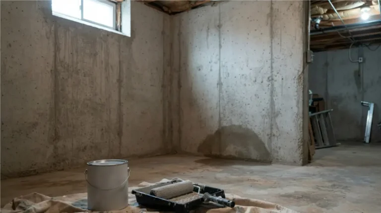 Basement concrete wall with damp patch and a can of waterproofing paint to show how waterproofing paint work