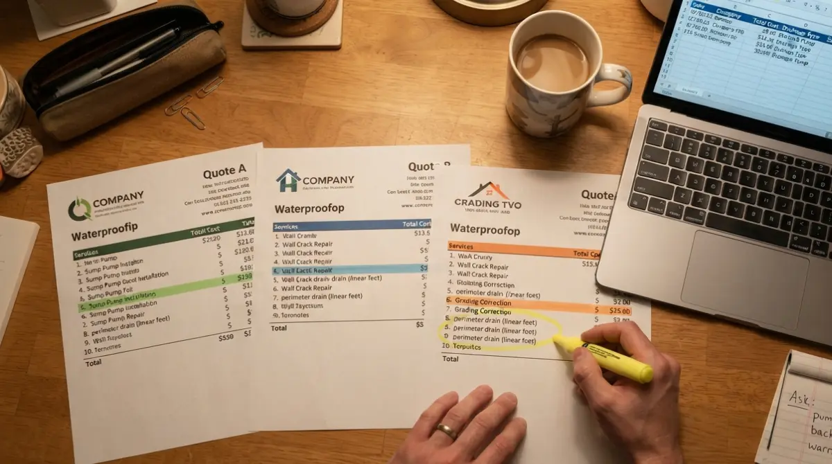 Homeowner comparing line items on three Basement Waterproofing quotes spread on a kitchen table.