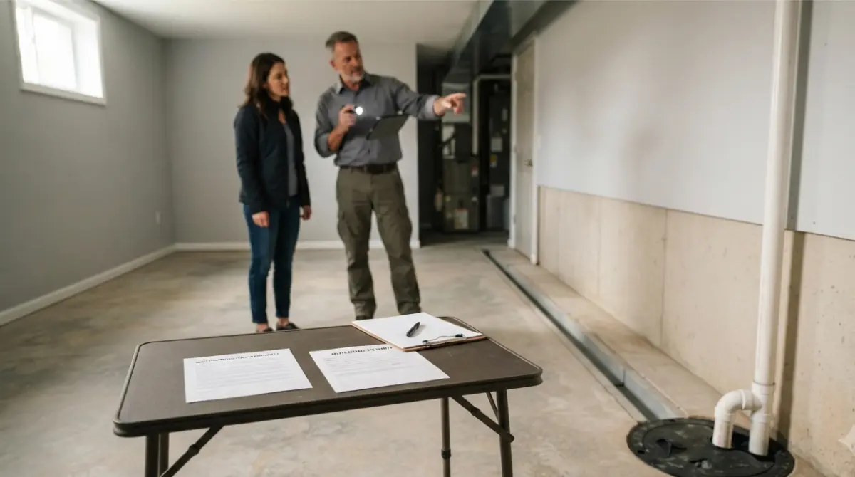 Waterproofing Warranty and permit documents beside a basement drainage system during a home sale inspection