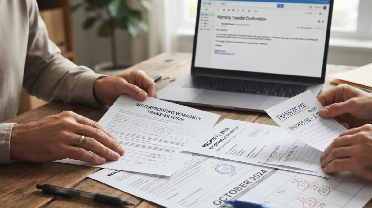 Buyer and seller organize Waterproofing Warranty transfer paperwork during a home closing
