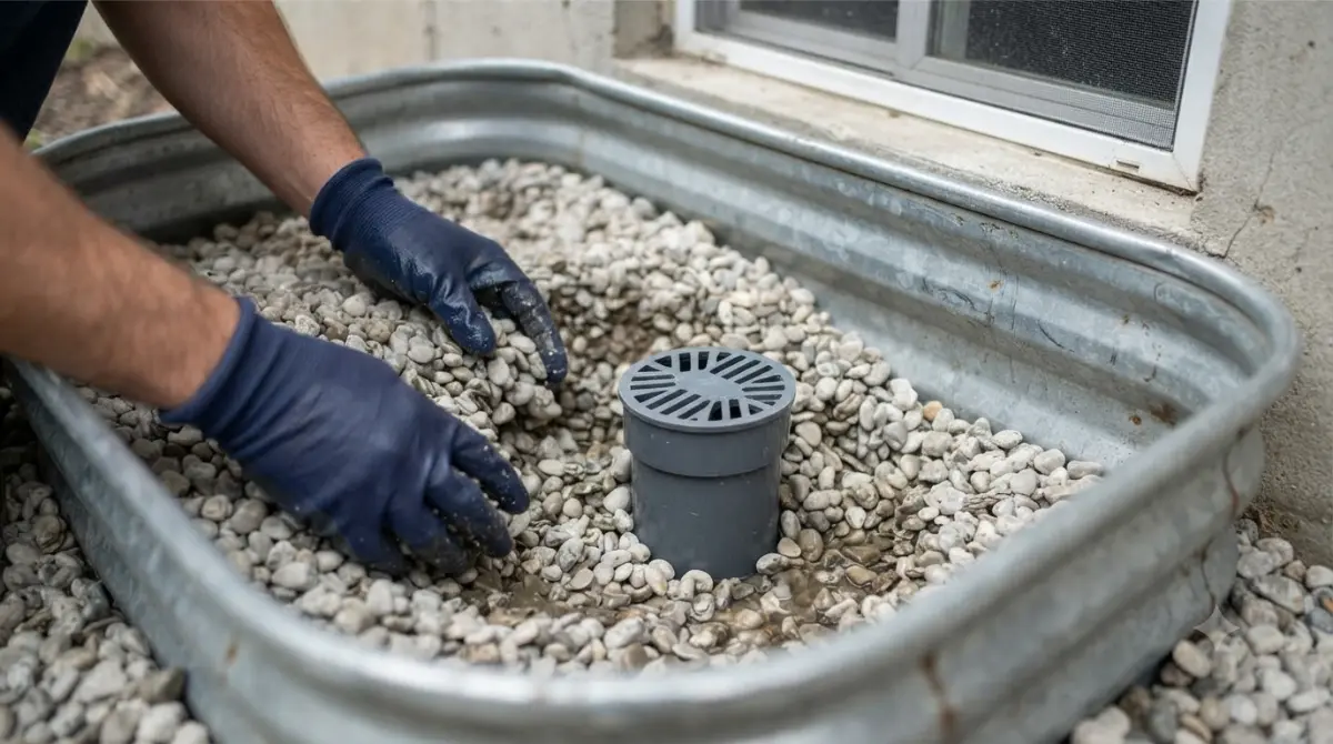 Exposing the drain riser under window well gravel during maintenance