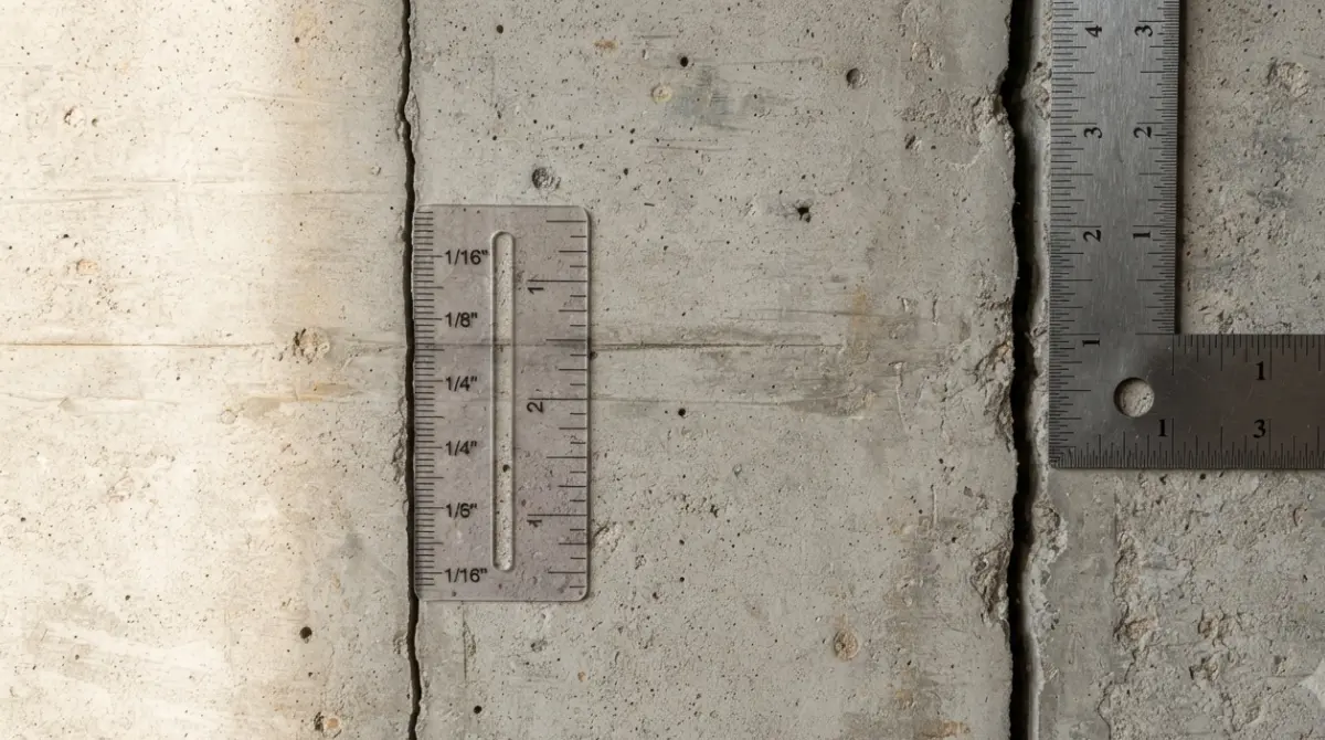 Foundation Crack width comparison measured with a crack comparator on a concrete basement wall