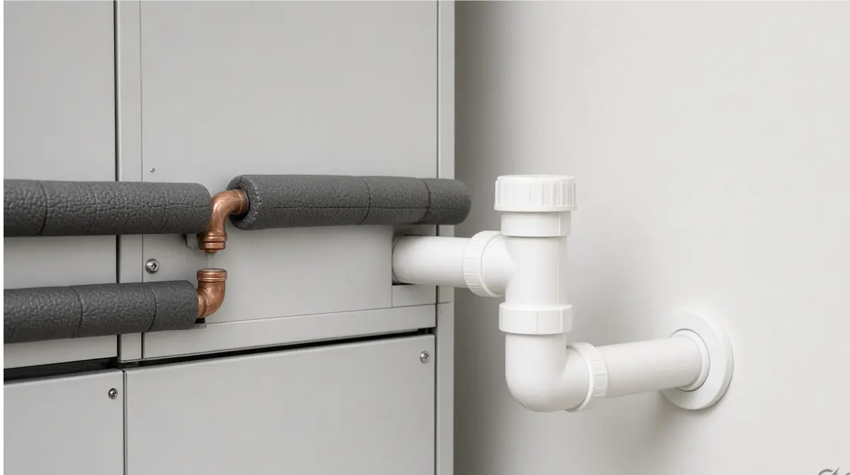 White PVC AC Drain line cleanout access cap near an indoor air handler