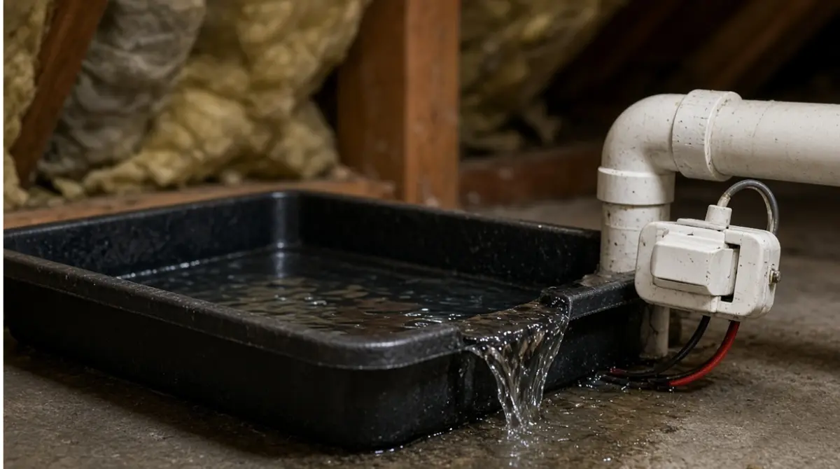 Water overflowing from an AC Drain pan beside a float switch