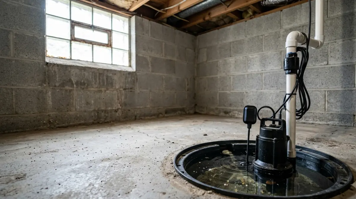 Submersible sump pump installed in a Basement sump pit discharging water through PVC pipe