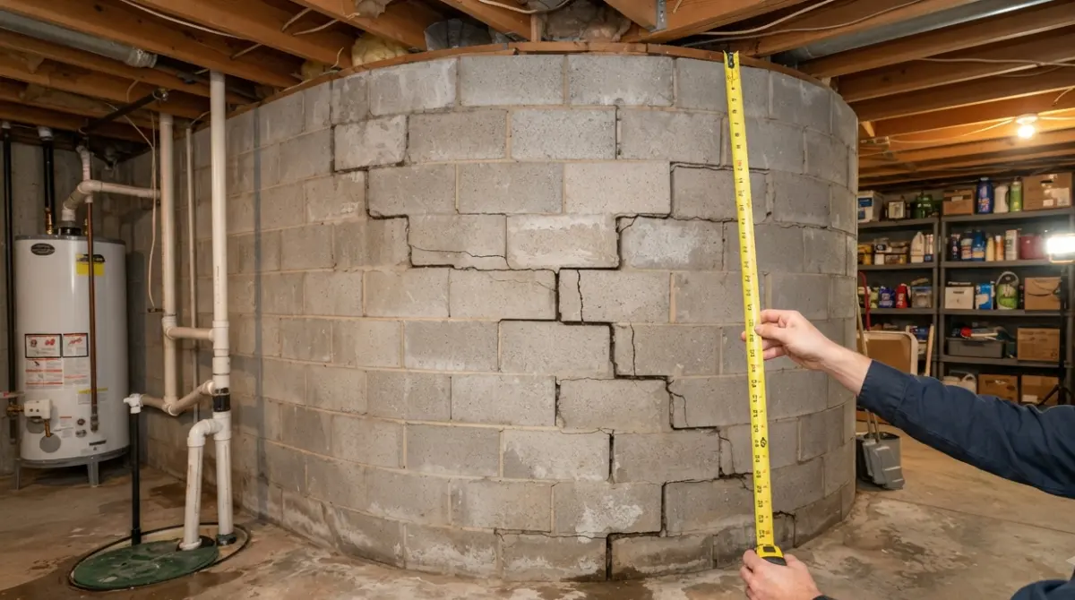 Bowing Basement wall with visible inward curve and horizontal cracks showing structural damage requiring repair