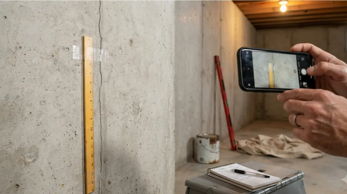 Homeowner photographing Foundation Cracks with a ruler and smartphone for a builder warranty claim
