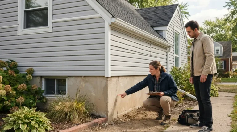 Homebuyer and structural engineer examining a house with Foundation Problems