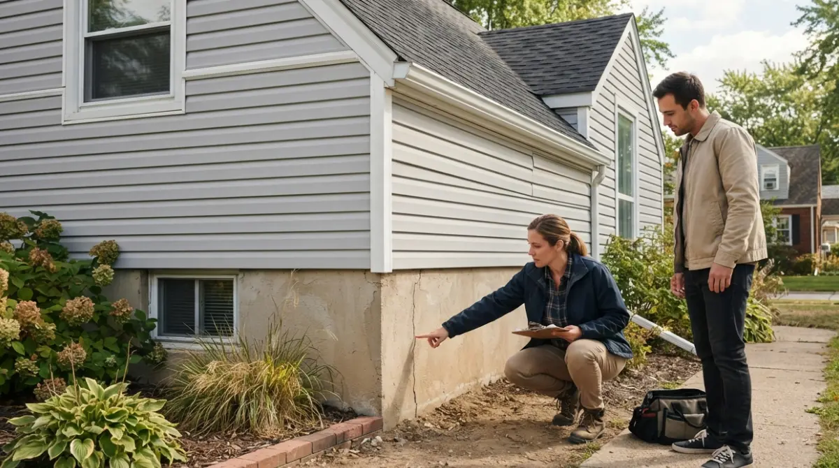 Homebuyer and structural engineer examining a house with Foundation Problems