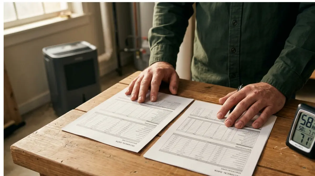 Homeowner comparing Dehumidifier capacity specification sheets to check AHAM ratings