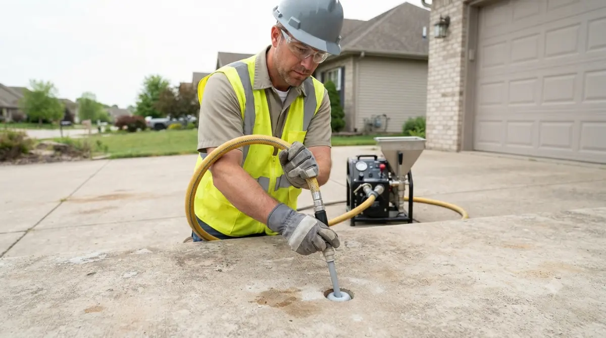 Contractor injecting material under a sunken concrete slab during Mudjacking vs Foam lifting process