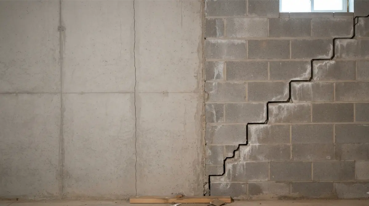 Basement wall showing cosmetic and structural foundation cracks side by side for crack repair evaluation