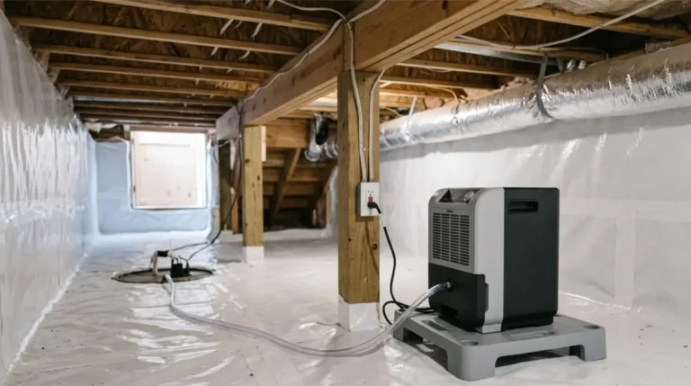 Compact Dehumidifier installed in a sealed crawl space with vapor barrier and condensate drain hose