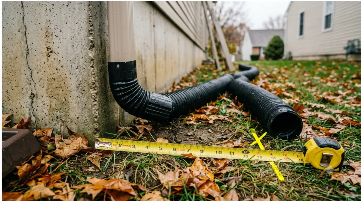 Downspout extension discharging water at least five feet from a foundation during a fall foundation Checklist