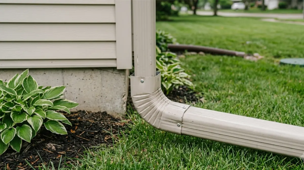Downspout Extension attached to an elbow fitted over a metal downspout and sloping away from the house.