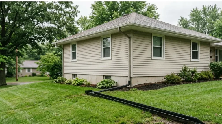 Downspout Extension carrying roof water across the lawn away from a home’s foundation.