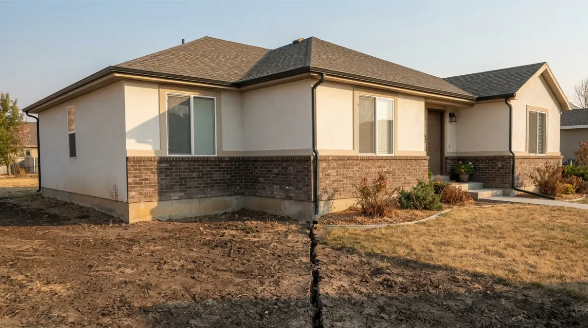 Foundation cracks risk as dry clay soil pulls away from a home foundation.