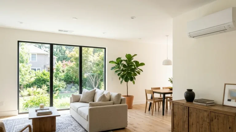 Ducted ceiling vent beside a wall-mounted ductless mini-split in a modern living room