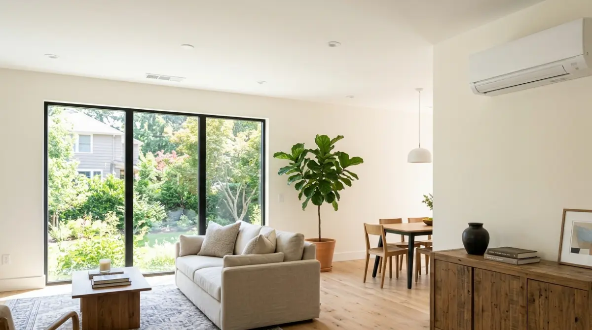 Ducted ceiling vent beside a wall-mounted ductless mini-split in a modern living room