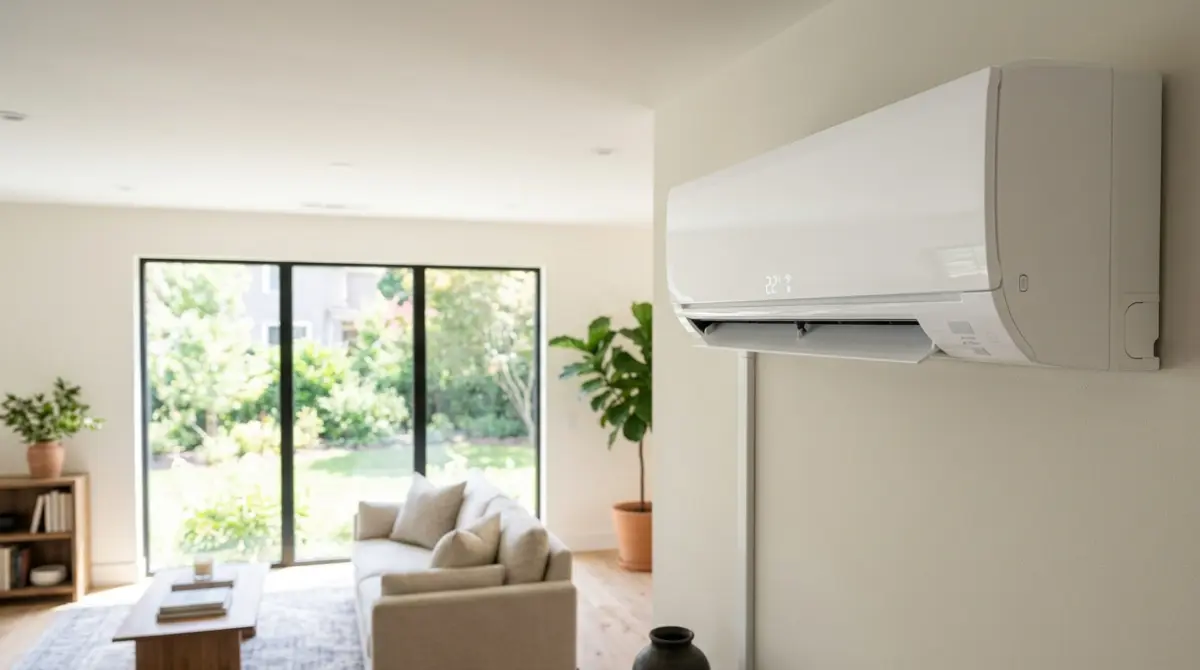 Ducted air vent alternative: slim ductless mini-split indoor head mounted in a living room