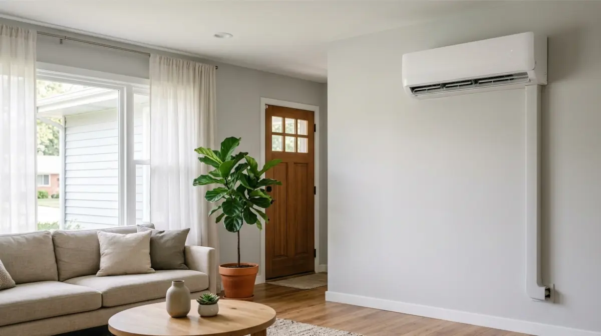 White ductless mini-split HVAC indoor unit mounted high on a living room wall.