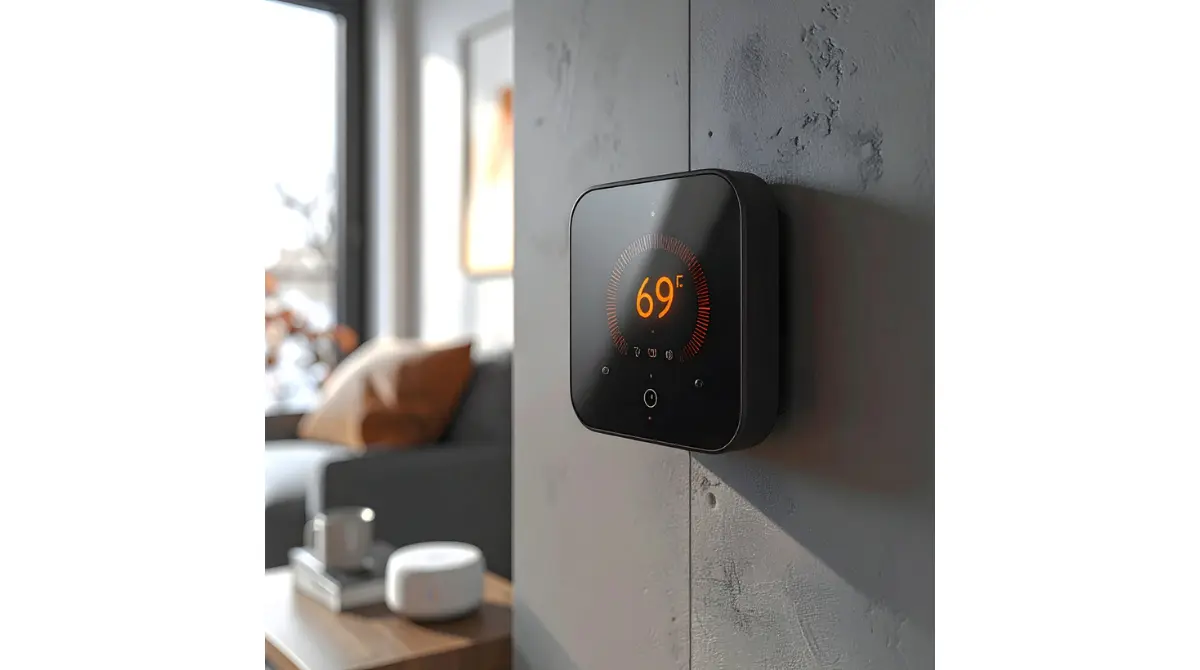 Smart Thermostat with remote room sensor in a living room set to heat pump heating mode
