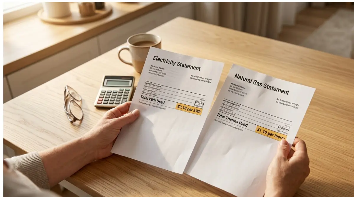 "Pump vs Furnace energy rate comparison showing a homeowner holding an electricity bill and a natural gas bill side by side over a kitchen table."