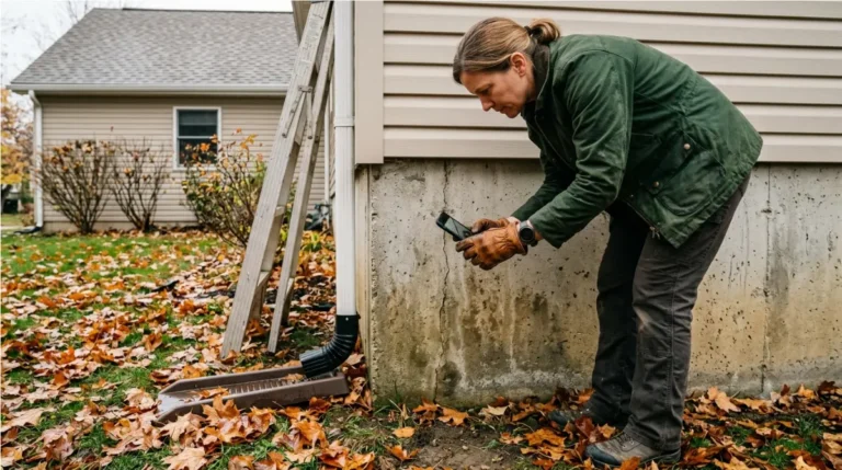 Homeowner performing a fall foundation Checklist by inspecting a house foundation wall and downspout before winter