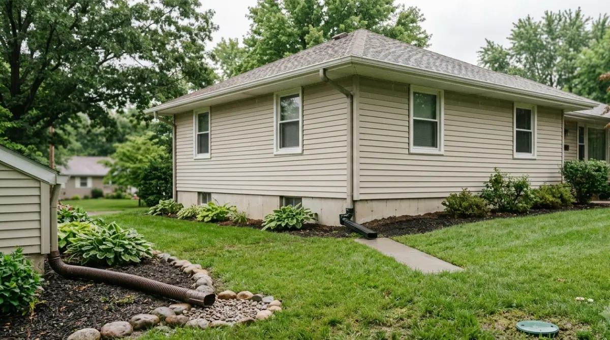 Downspout Extension options shown in a residential yard: flexible, hinged, and buried drainage.