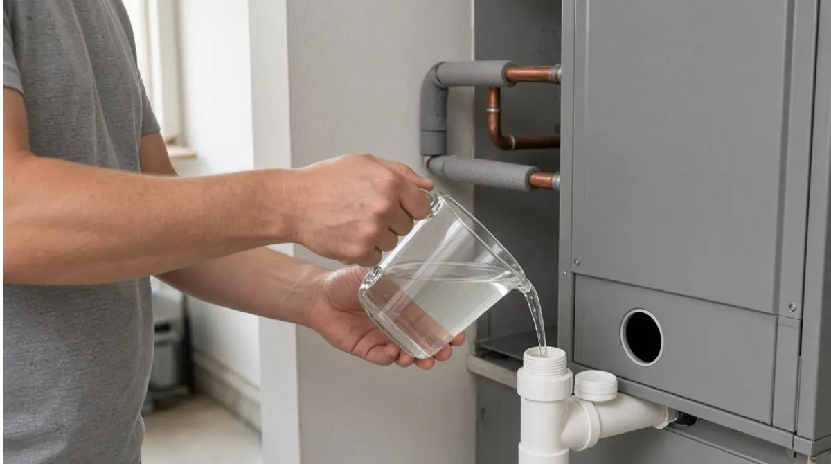 Homeowner pouring distilled white vinegar into an AC Drain line cleanout